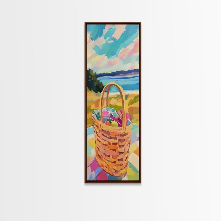 Woven Picnic Basket By Blue Ocean Wall Art, Coastal Beach House Decor, Summer Landscape Art, Framed Canvas Print, Gift For Her