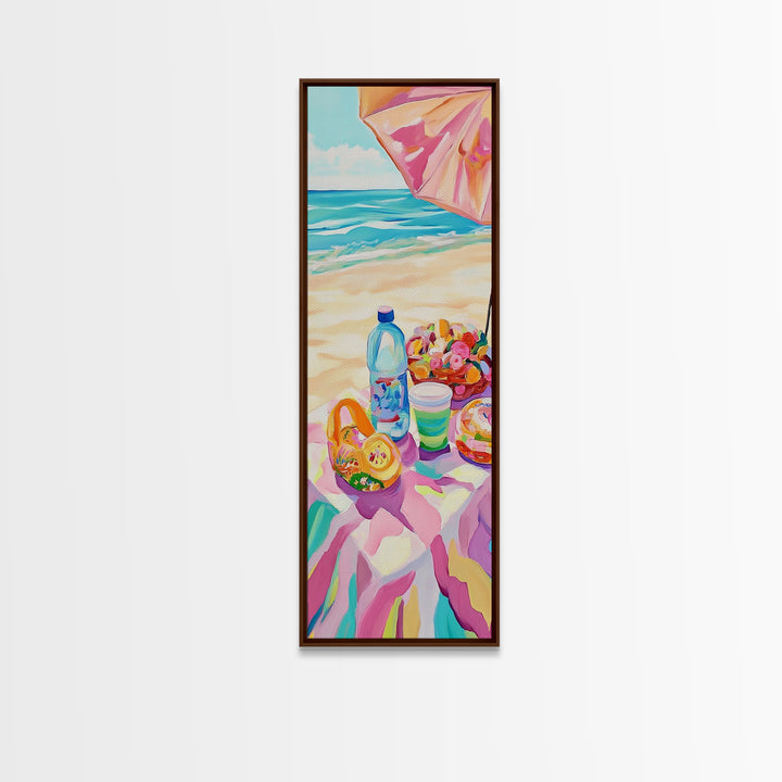 Beach Picnic Under Pink Umbrella Canvas Print, Coastal Wall Art, Colorful Beach House Decor, Summer Kitchen Art Print Gift
