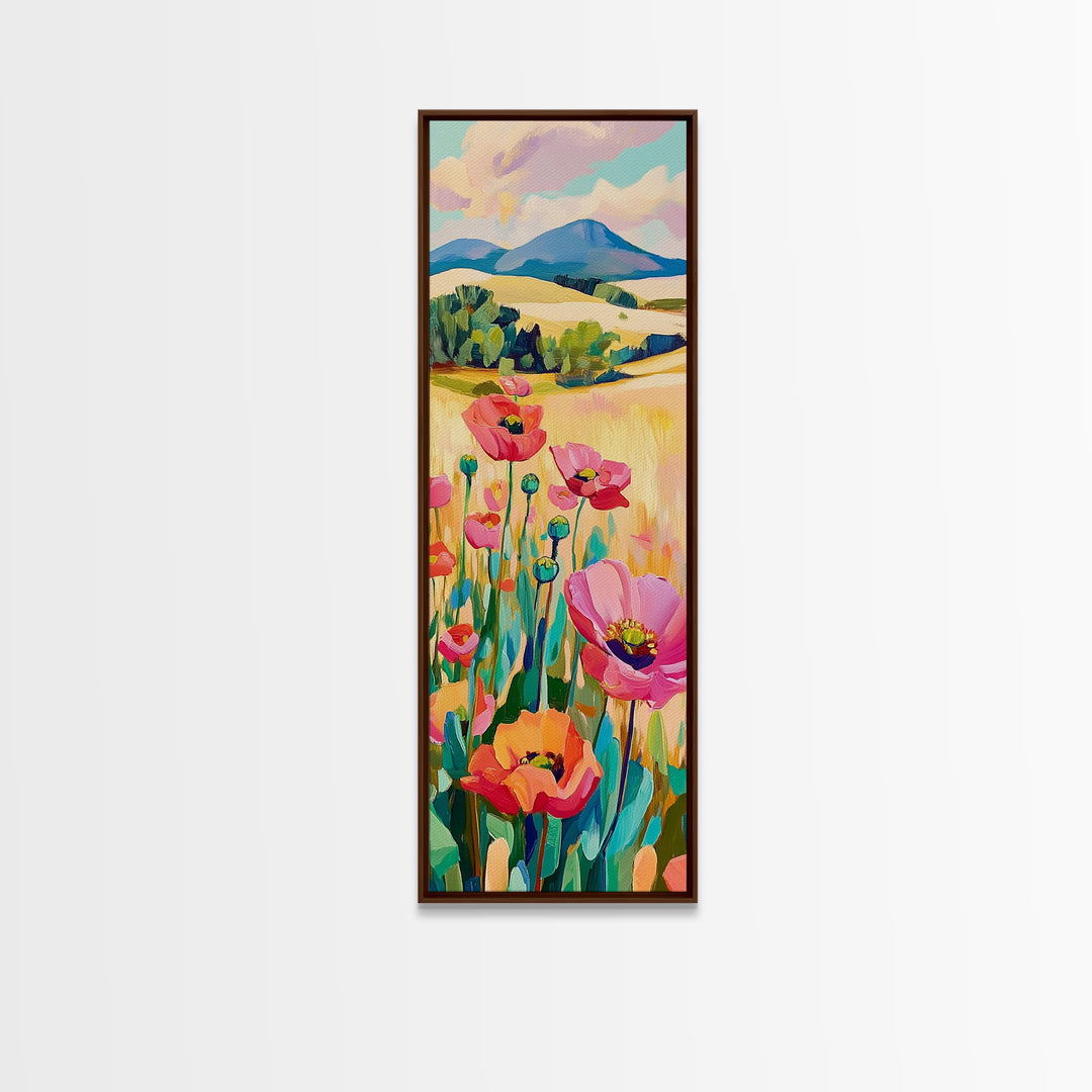 Pink Poppy Field Landscape Wall Art, Colorful Nature Canvas Print, Farmhouse Decor, Mountain Wall Art, Housewarming Gift