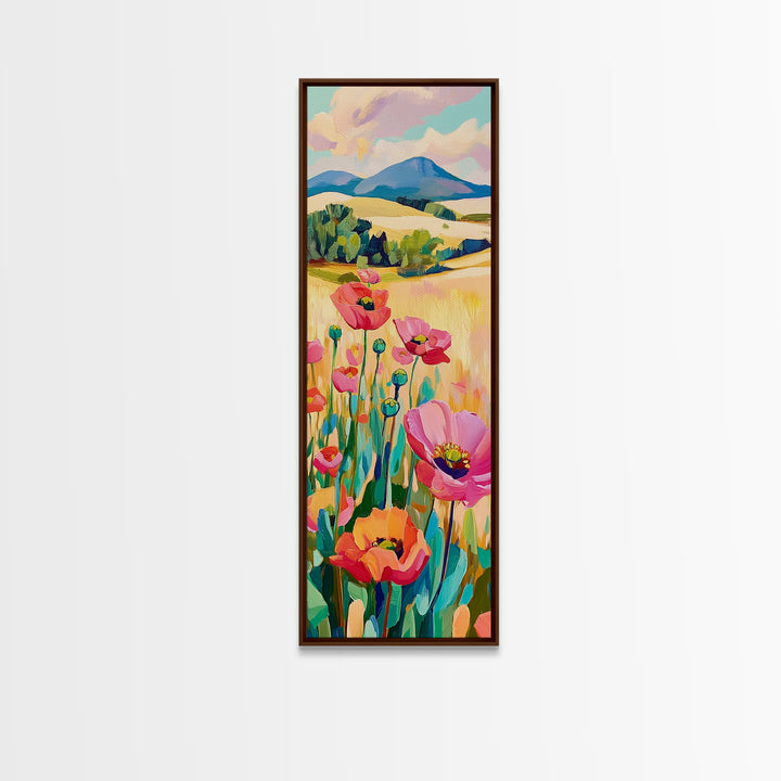 Pink Poppy Field Landscape Wall Art, Colorful Nature Canvas Print, Farmhouse Decor, Mountain Wall Art, Housewarming Gift