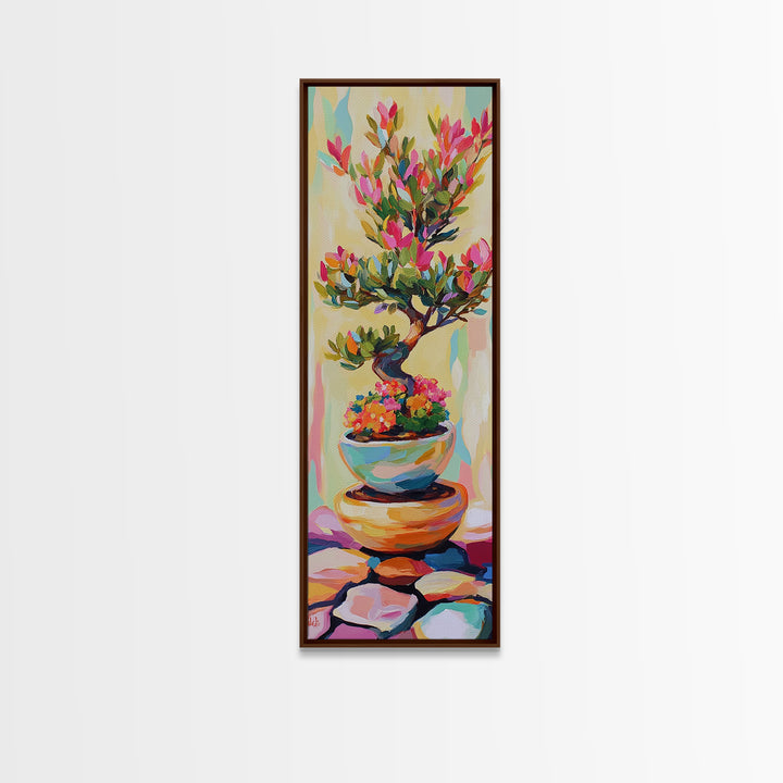 Flowering Bonsai Tree In Teal Pot Framed Canvas Print, Japandi Wall Art, Zen Home Decor, Botanical Decor, Housewarming Gift