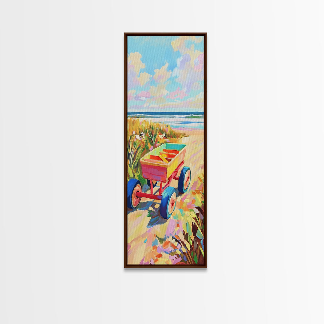 Red Beach Wagon Beside Ocean Dunes Canvas Print, Coastal Wall Art, Summer Beach Decor, Beach House Decor, Housewarming Gift
