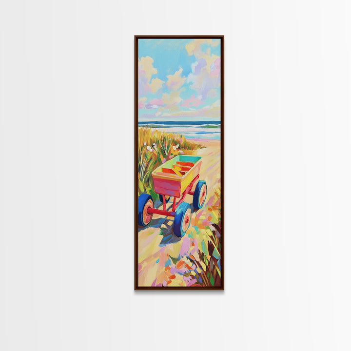 Red Beach Wagon Beside Ocean Dunes Canvas Print, Coastal Wall Art, Summer Beach Decor, Beach House Decor, Housewarming Gift