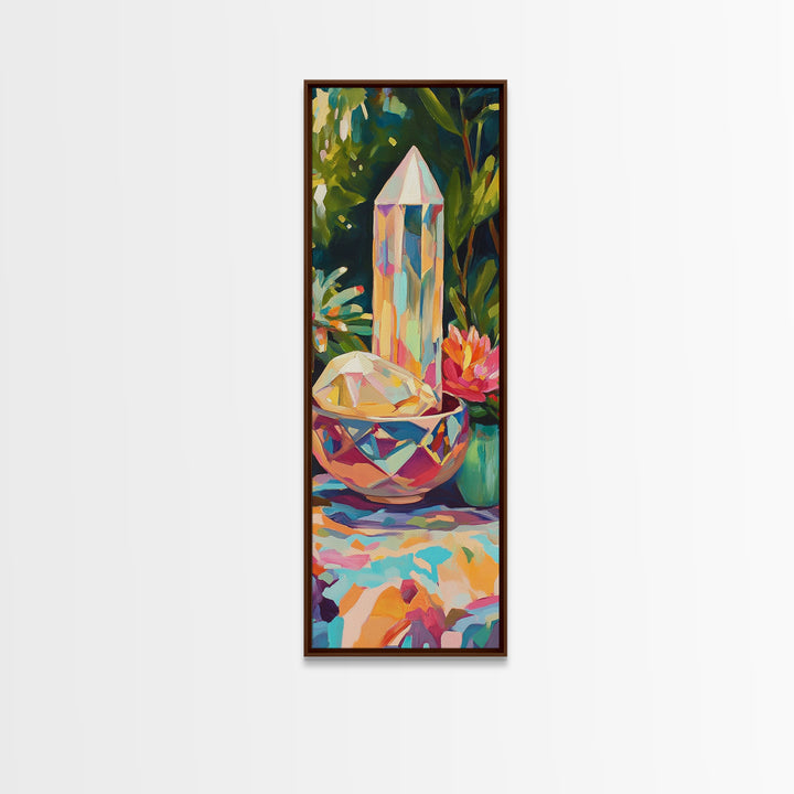 Rainbow Crystal Points With Tropical Flowers Canvas Print, Mystical Wall Art, Boho Home Decor, Meditation Room Decor, Gift