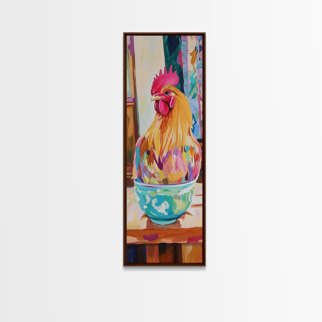 Whimsical Rooster In Teacup Wall Art, Farmhouse Kitchen Canvas Print, Colorful Chicken Decor, Rustic Country Art Gift Idea