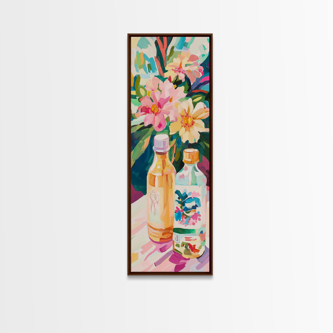 Tropical Flowers And Bottles Wall Art, Colorful Kitchen Canvas Print, Botanical Bar Cart Decor, Summer Dining Room Art Print