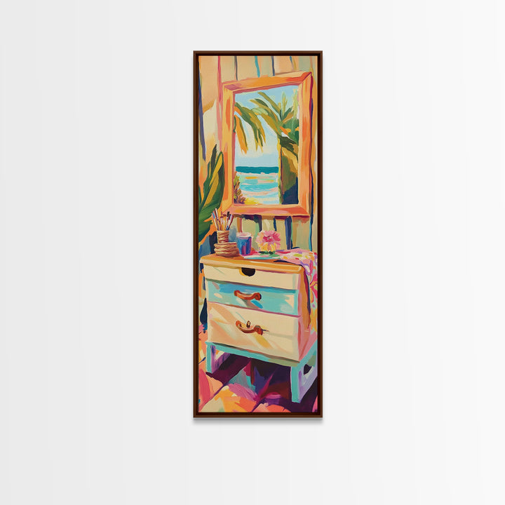 Coastal Vanity Mirror Wall Art, Beach House Canvas Print, Palm Tree Ocean Decor, Tropical Bedroom Wall Decor Gift For Her
