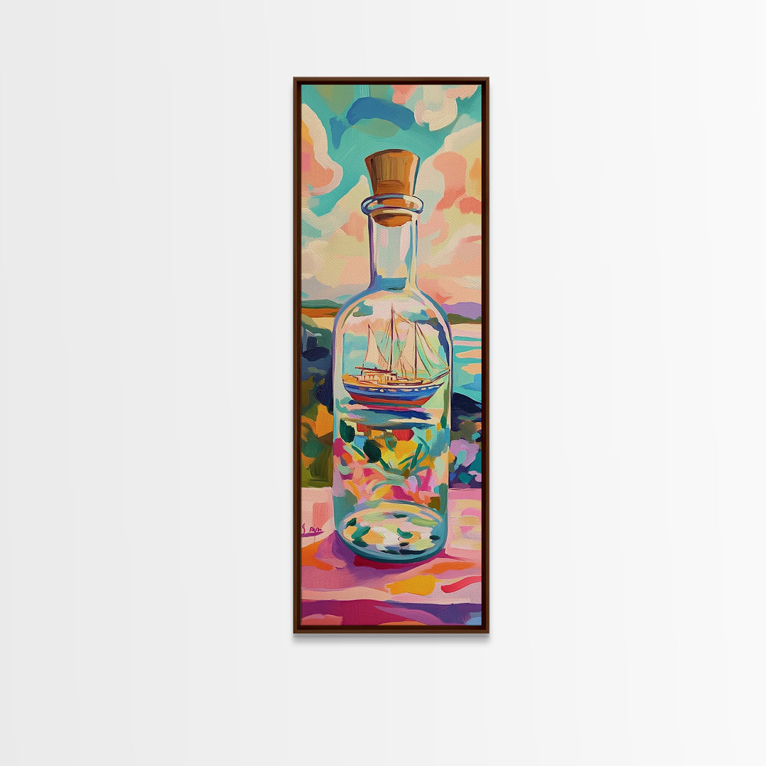 Sailing Ship In Glass Bottle Canvas Print, Coastal Wall Decor, Nautical Ocean Art, Beach House Decor, Gift For Sailboat Lover