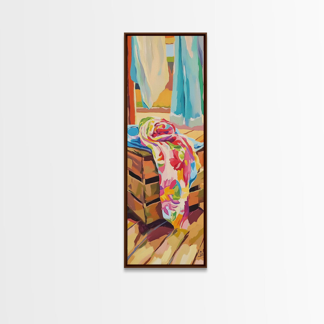 Beach Towels On Sunlit Chair Framed Canvas Print, Coastal Home Decor, Summer Beach House Art, Colorful Bathroom Wall Art