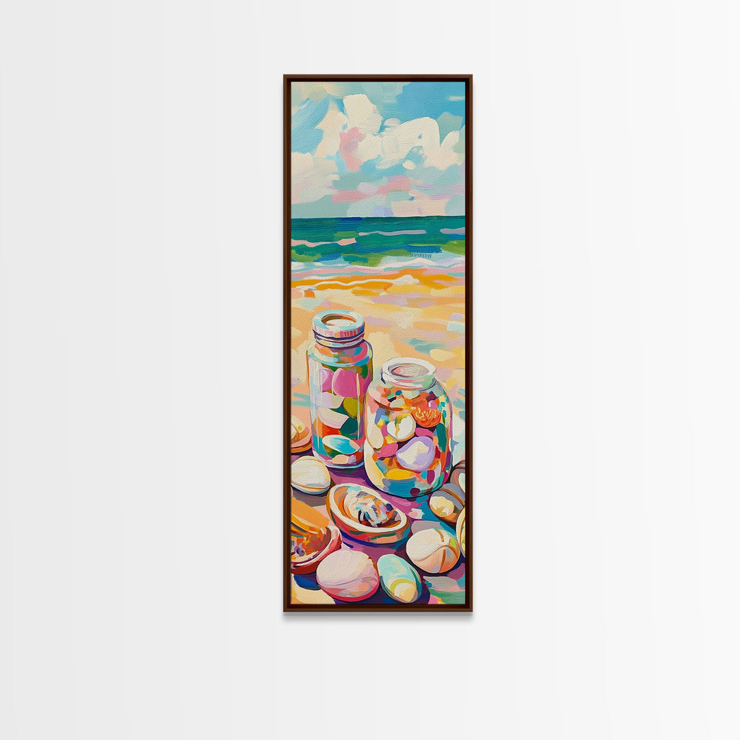 Beach Seashell Jars Canvas Print, Coastal Wall Art, Ocean Decor, Nautical Art Print, Beach House Living Room Decor Gift Idea