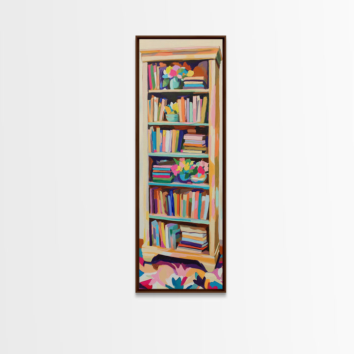 Tall Bookshelf And Flowers Canvas Print, Bookstore Wall Art, Library Decor, Book Lover Gift, Cozy Reading Nook Home Decor