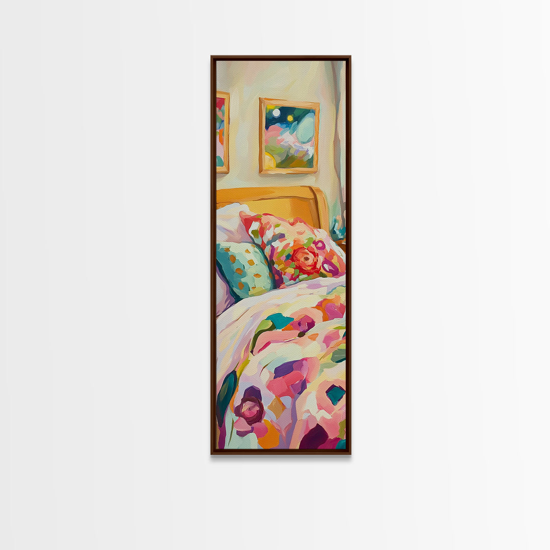 Floral Pillows On Cozy Bedroom Bed Framed Canvas Print, Romantic Wall Art, Bedroom Decor, Above Bed Art, Housewarming Gift
