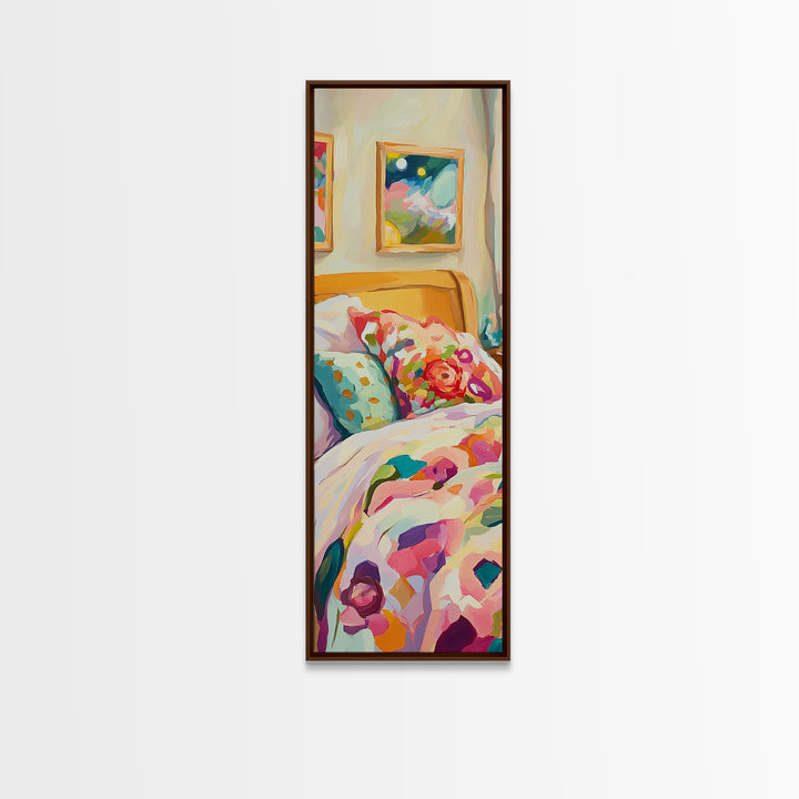Floral Pillows On Cozy Bedroom Bed Framed Canvas Print, Romantic Wall Art, Bedroom Decor, Above Bed Art, Housewarming Gift
