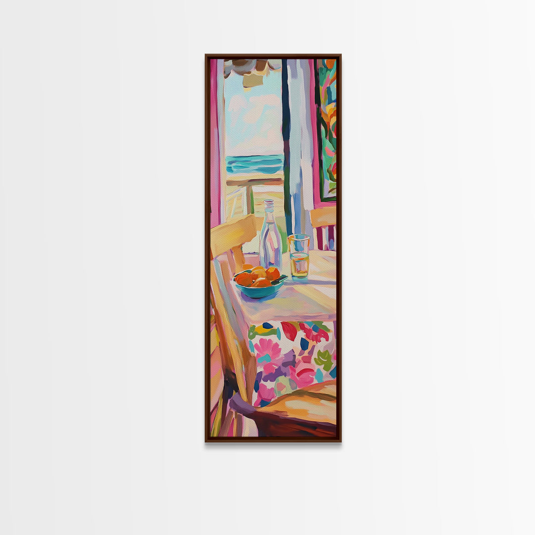 Sunlit Cafe Chair With Ocean View And Bottle Canvas Print, Coastal Kitchen Wall Art, Beach House Decor, Dining Room Print
