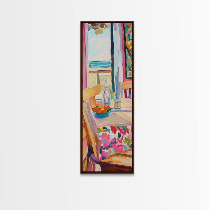 Sunlit Cafe Chair With Ocean View And Bottle Canvas Print, Coastal Kitchen Wall Art, Beach House Decor, Dining Room Print