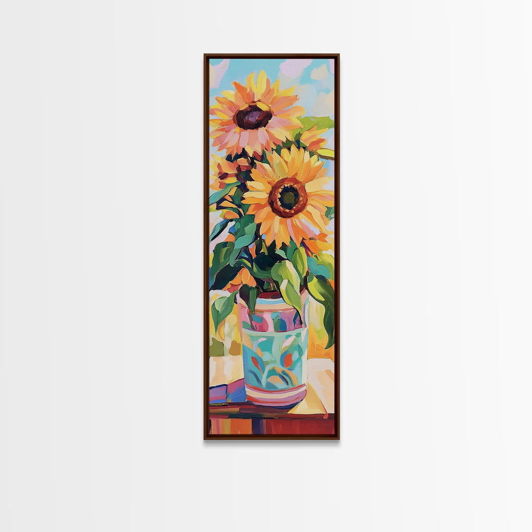 Bright Sunflowers In Patterned Vase Wall Art, Summer Floral Canvas Print, Farmhouse Kitchen Decor, Housewarming Gift For Her
