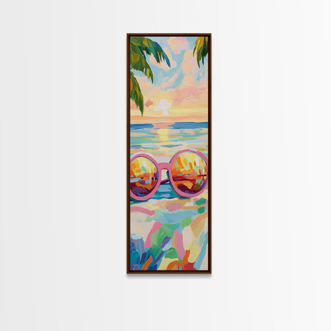 Pink Sunglasses On Beach Sunset Wall Art, Coastal Canvas Print, Tropical Ocean Decor, Summer Vacation Housewarming Gift For Her
