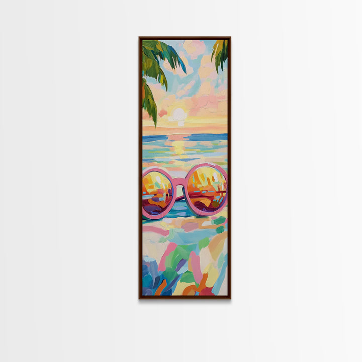 Pink Sunglasses On Beach Sunset Wall Art, Coastal Canvas Print, Tropical Ocean Decor, Summer Vacation Housewarming Gift For Her