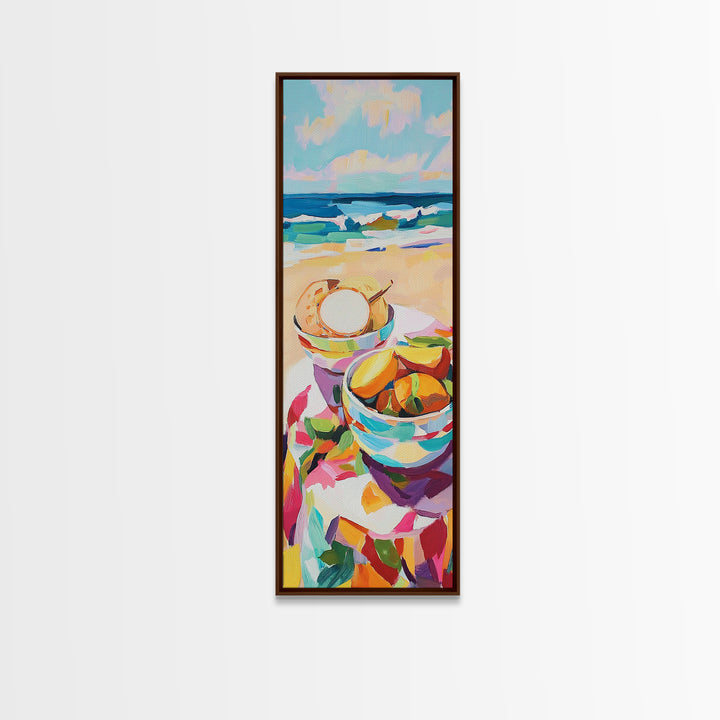 Beach Picnic Bowls And Seashell Painting, Coastal Canvas Print, Ocean Wall Art, Beach House Decor, Kitchen Art, Summer Decor