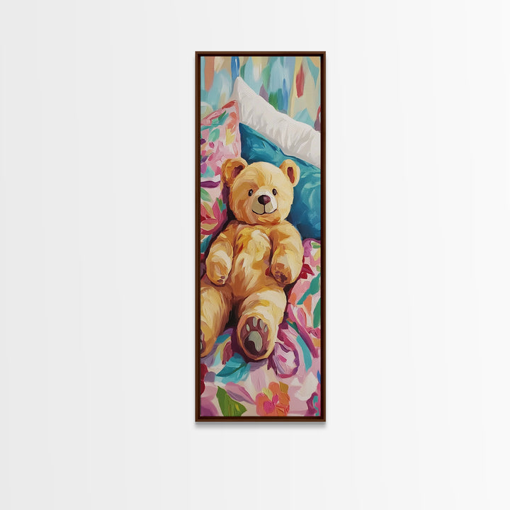 Teddy Bear On Floral Bed Painting, Whimsical Canvas Print, Nursery Wall Art, Kids Room Decor, Baby Shower Gift, Cute Wall Art