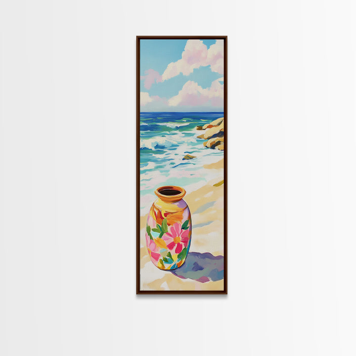 Floral Painted Vase On Sandy Beach Canvas Print, Coastal Wall Art, Ocean Decor, Tropical Flowers, Summer Housewarming Gift