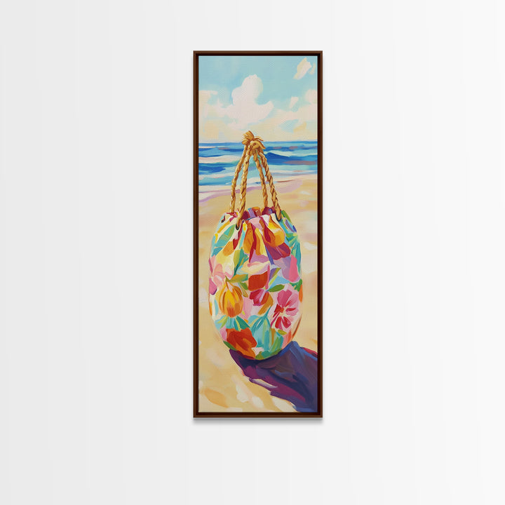 Floral Beach Tote On Sunny Shore Canvas Print, Coastal Wall Art, Beach House Decor, Tropical Decor, Summer Travel Gift For Her