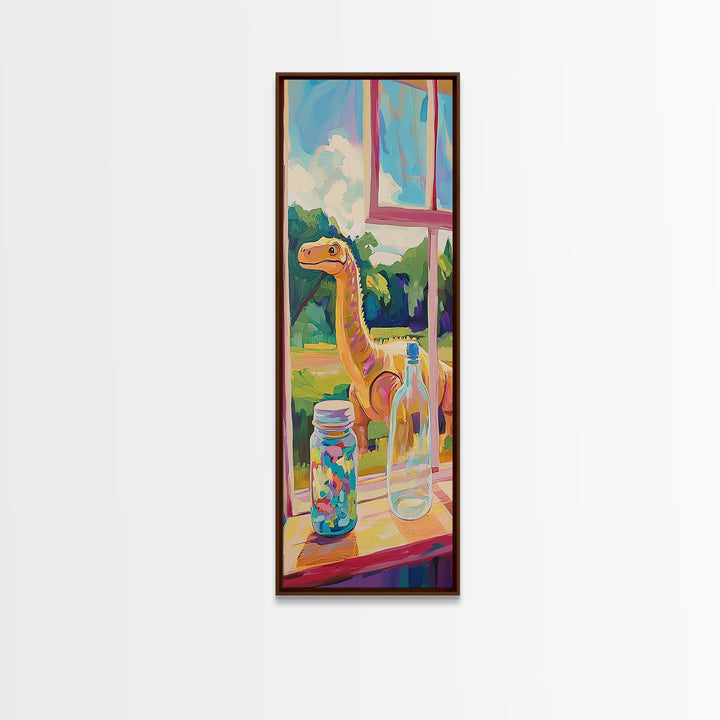 Whimsical Long Neck Dinosaur By Sunny Window Wall Art, Colorful Canvas Print, Kids Room Decor, Playful Nursery Art Print