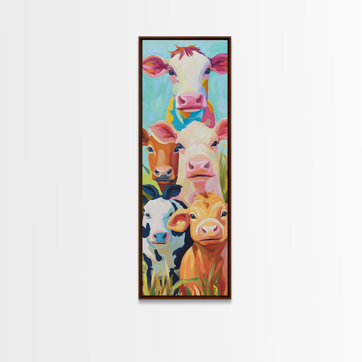 Cheerful Calves And Farm Cows Framed Canvas Print, Cute Animal Wall Art, Farmhouse Decor, Nursery Animal Art Gift For Kids Room