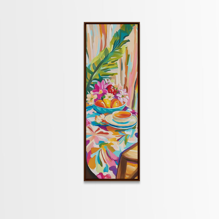 Tropical Tea Cup With Citrus And Flowers Wall Art, Colorful Kitchen Decor, Coastal Canvas Print, Bright Dining Room Art Print