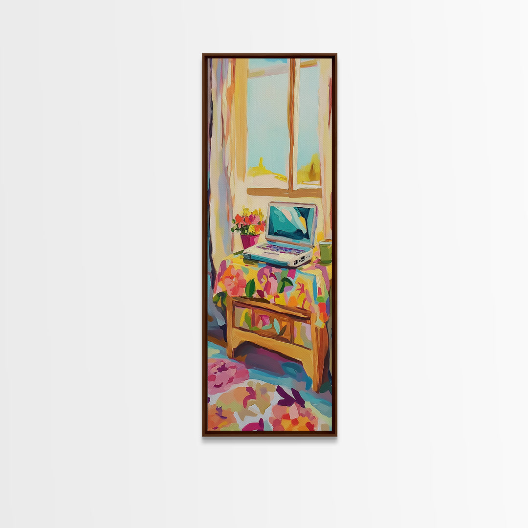 Cozy Laptop On Floral Bed Framed Canvas Print, Home Office Wall Art, Bedroom Decor, College Apartment Art For Guest Room