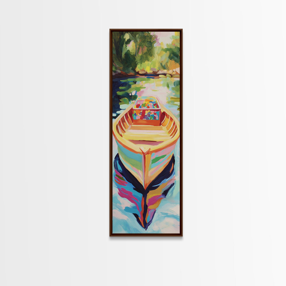 Colorful Rowboat On Sunlit River Wall Art, Coastal Lake Canvas, Bright Boho Home Decor, Living Room Art Print, Unique Housewarming Gift