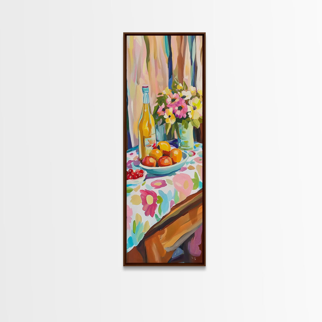 Wine Bottle Fruit And Flowers Wall Art, Colorful Kitchen Decor, Dining Room Art Print, Still Life Painting, Housewarming Gift