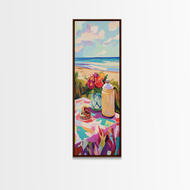 Beach Picnic Flowers And Shells Wall Art, Coastal Canvas Print, Ocean Living Room Decor, Beach House Art Gift For Her Decor