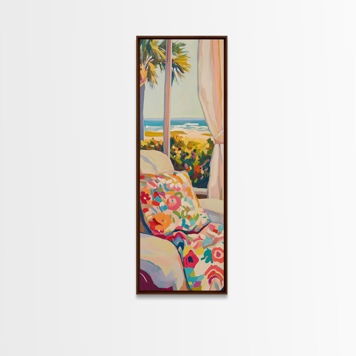 Coastal Bedroom With Ocean View And Floral Pillow, Beach Wall Art For Above Bed Decor, Canvas Print, Summer Home Decor Gift