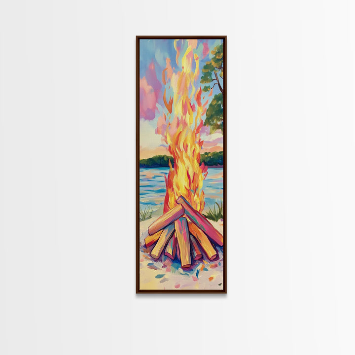 Lakeside Bonfire With Bright Flames Canvas Print, Cozy Rustic Cabin Wall Art, Campfire Decor, Summer Lake Housewarming Gift