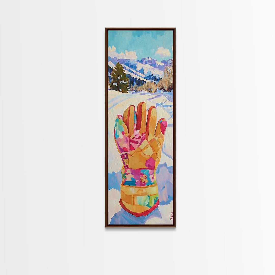 Colorful Winter Mitten In Snowy Mountain Landscape Wall Art, Ski Cabin Decor, Whimsical Kids Room Nursery Canvas Print Gift