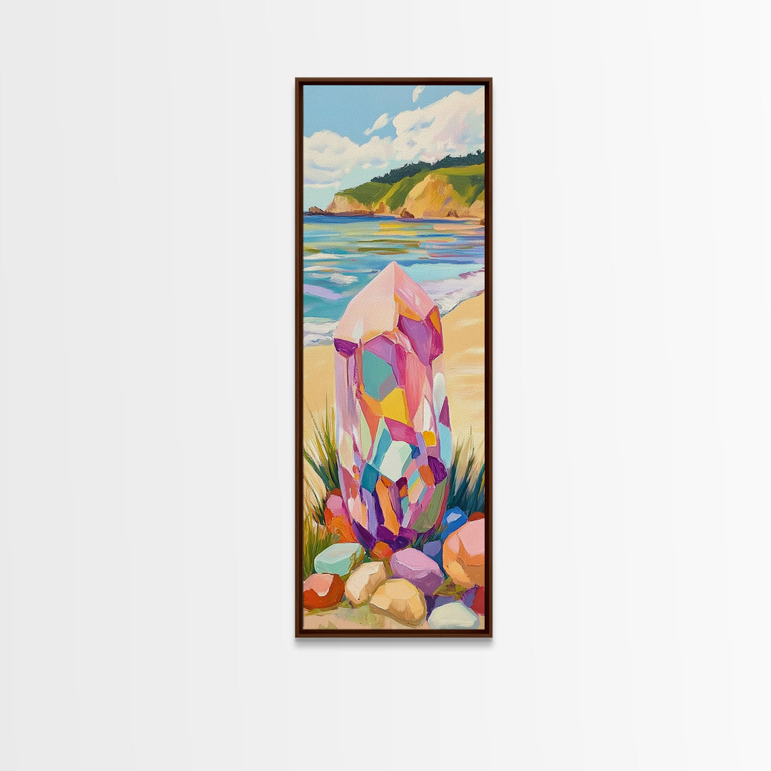 Rainbow Crystal Beach Canvas Print, Coastal Wall Art, Colorful Gemstone Decor, Ocean Landscape Print, Boho Beach House Gift
