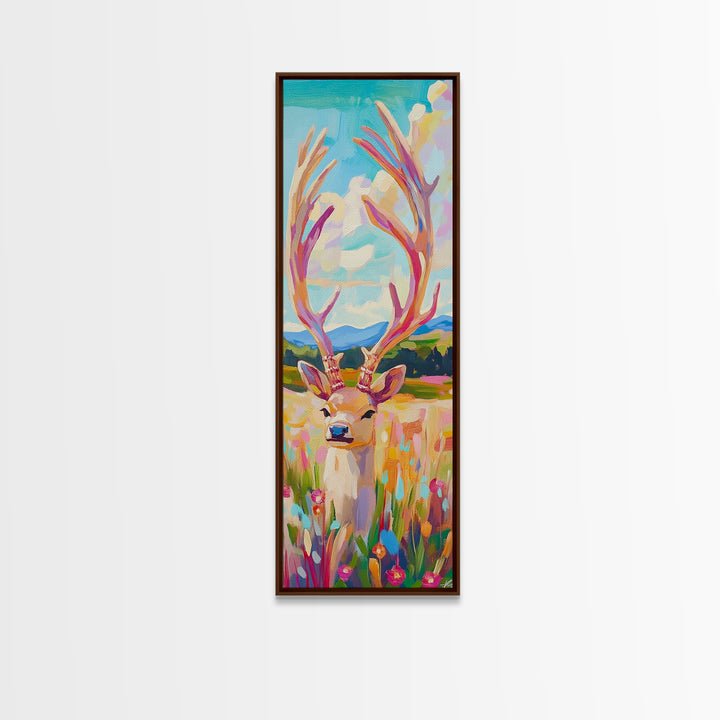 Whimsical Deer With Tall Antlers Canvas Print, Colorful Wildlife Wall Art, Meadow Landscape Decor, Rustic Nursery Gift, Animal Lover Gift