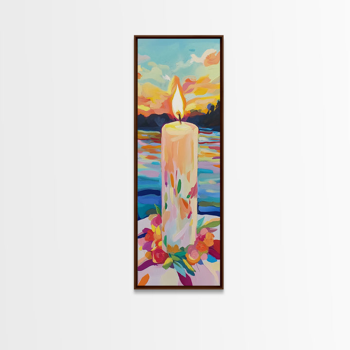 Floral Candle At Sunset Framed Canvas Print, Lake Landscape Wall Art, Cozy Spiritual Decor, Meditation Gift, Calming Print
