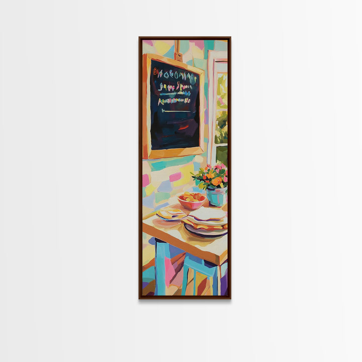 Cheerful Kitchen Table With Chalkboard Menu Wall Art, Breakfast Nook Canvas Print, Colorful Cafe Decor, Dining Room Print