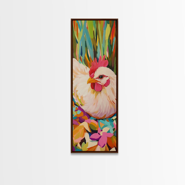 White Hen Among Tropical Leaves Framed Canvas Print, Colorful Animal Wall Art, Farmhouse Kitchen Decor, Whimsical Art Print