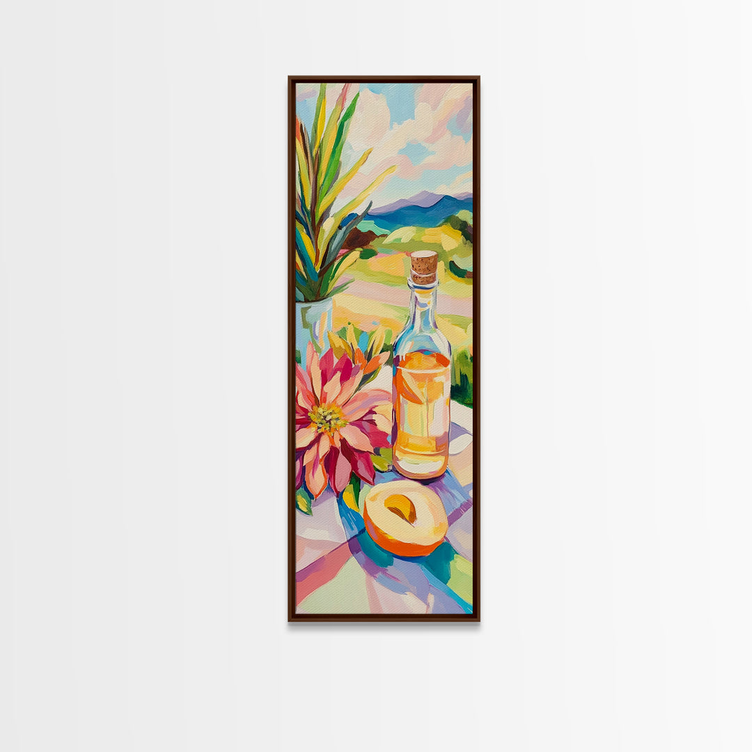 Sunlit Bottle With Flower And Citrus Framed Canvas Print, Mediterranean Kitchen Wall Art, Italian Decor, Landscape Art Print