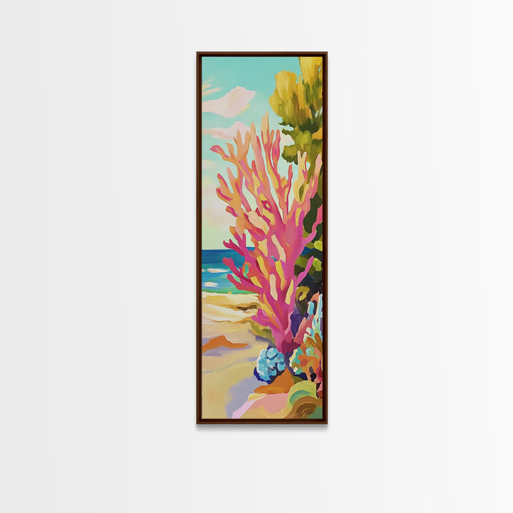 Pink Coral Reef By The Beach Canvas Print, Tropical Coastal Wall Art, Ocean Wall Decor, Bright Beach House Decor Gift For Her