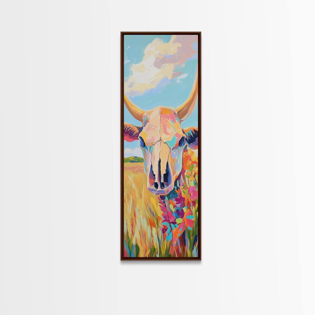 Pastel Cow Skull With Wildflowers Wall Art, Western Decor, Southwestern Canvas Print, Rustic Ranch Housewarming Gift For Her