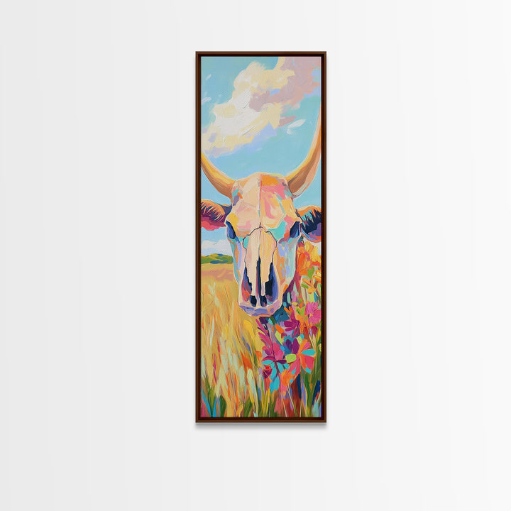 Pastel Cow Skull With Wildflowers Wall Art, Western Decor, Southwestern Canvas Print, Rustic Ranch Housewarming Gift For Her