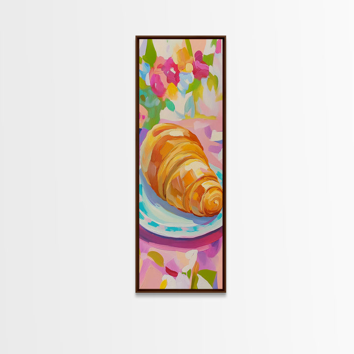 Golden Croissant On Floral Plate Canvas Print, French Bakery Wall Art, Modern Kitchen Decor, Patisserie Print, Food Lover Gift