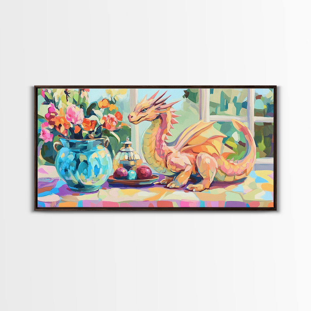 Whimsical Pink Dragon With Flowers Framed Canvas Print, Fantasy Wall Art, Nursery Decor, Girls Room Art, Unique Gift For Her