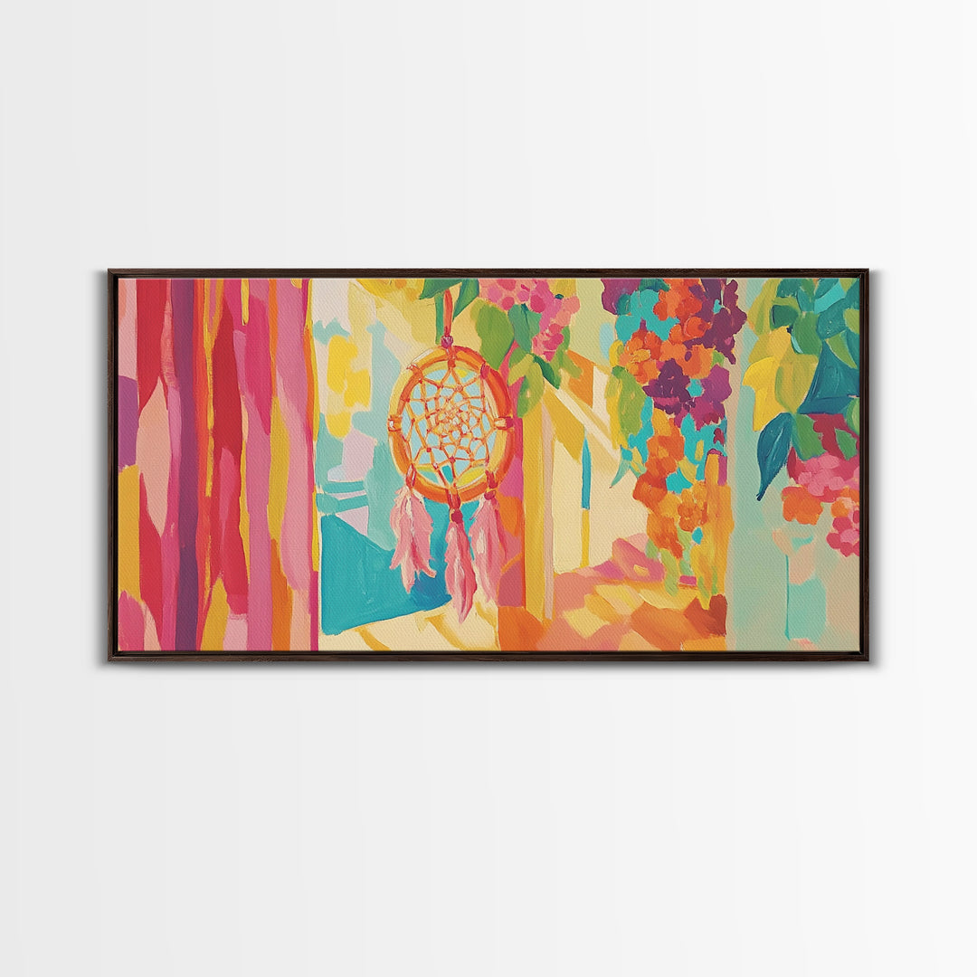 Sunlit Dreamcatcher And Hanging Plants Canvas Print, Boho Wall Art, Spiritual Home Decor, Whimsical Wall Decor Gift For Her