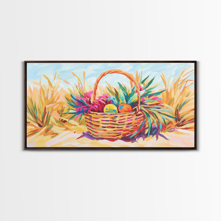 Beach Basket With Tropical Leaves Wall Art, Coastal Canvas Print, Summer Beach House Decor, Colorful Fruit Still Life Gift