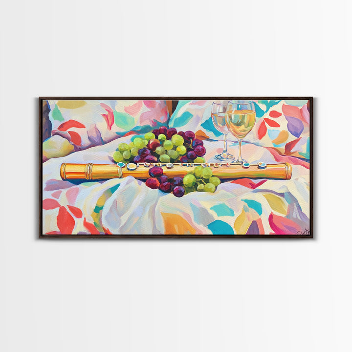 Golden Flute With Wine And Grapes Framed Canvas Print, Music Room Art, Winery Wall Art, Still Life, Dining Room Decor, Gift For Music Lover